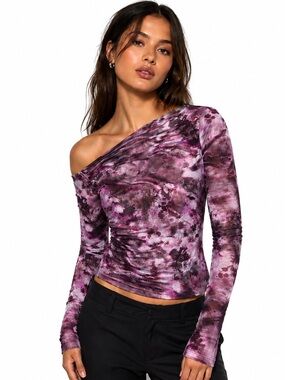 Cider Mesh Asymmetrical Neck Tie Dye Long Sleeve Top In Violet- Women’s S